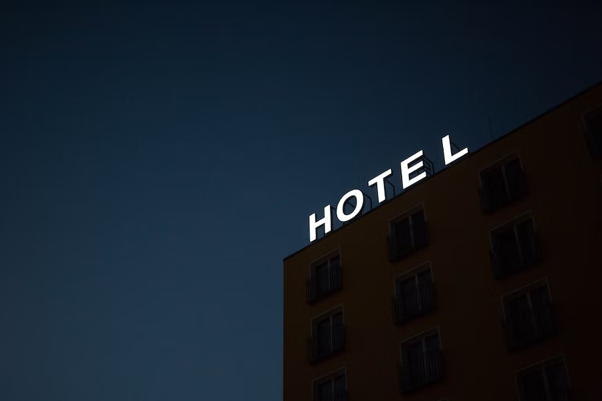 A night-time shot of a hotel building