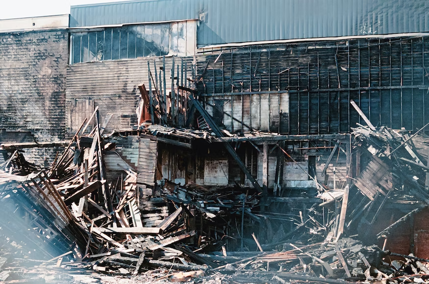 A commercial building destroyed by a fire