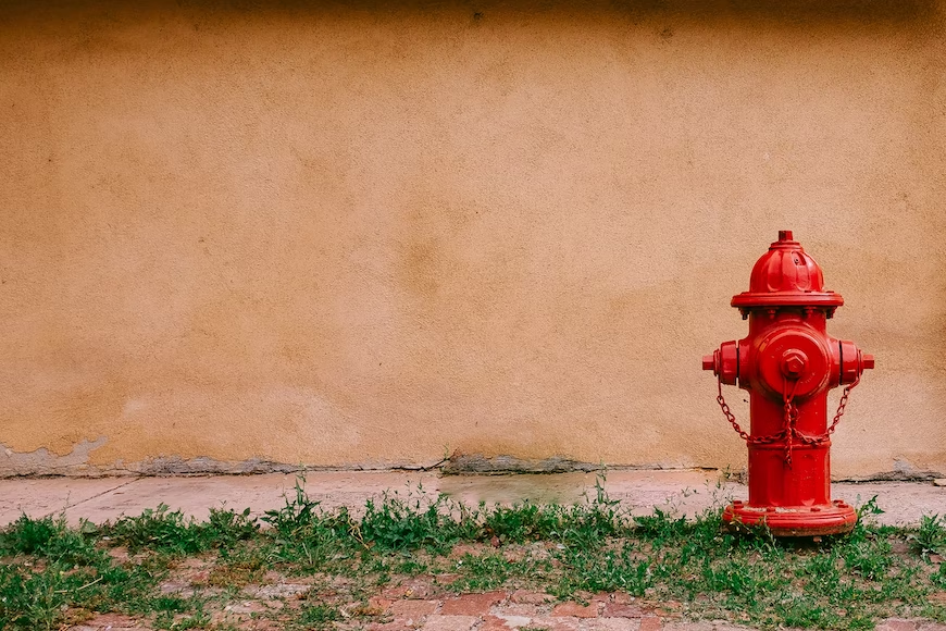 A fire hydrant installed in front of a commercial building