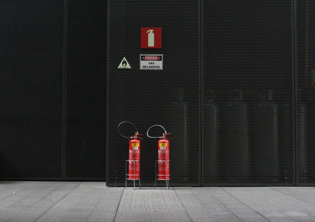 Fire extinguishers in a warehouse 