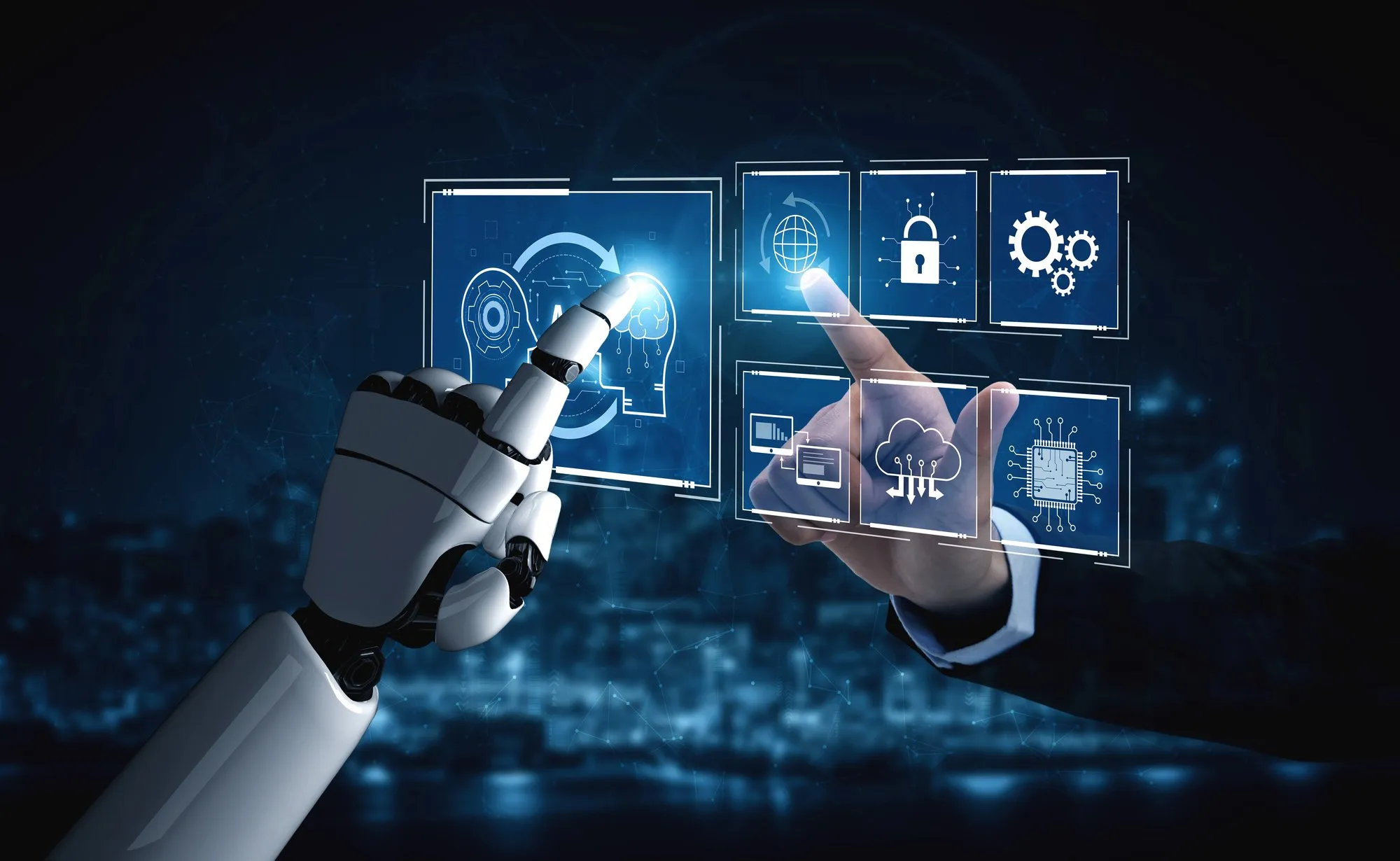 Robotic hand interacting with a digital interface showing security icons.